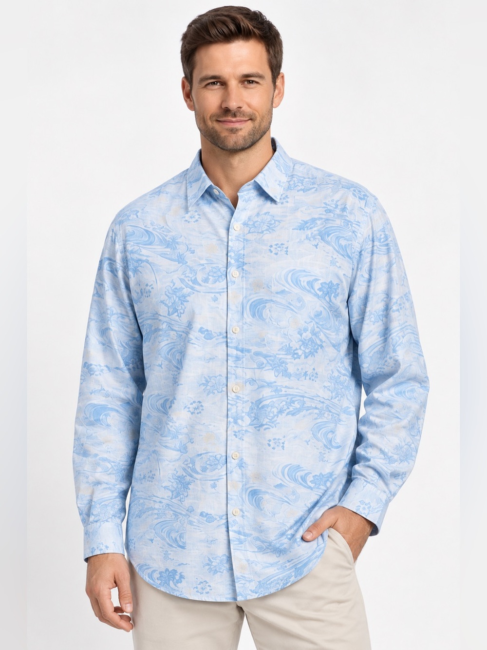 Tommy Bahama Silk Cotton Shirt Men XXL Blue Paisley Long Sleeve Resort